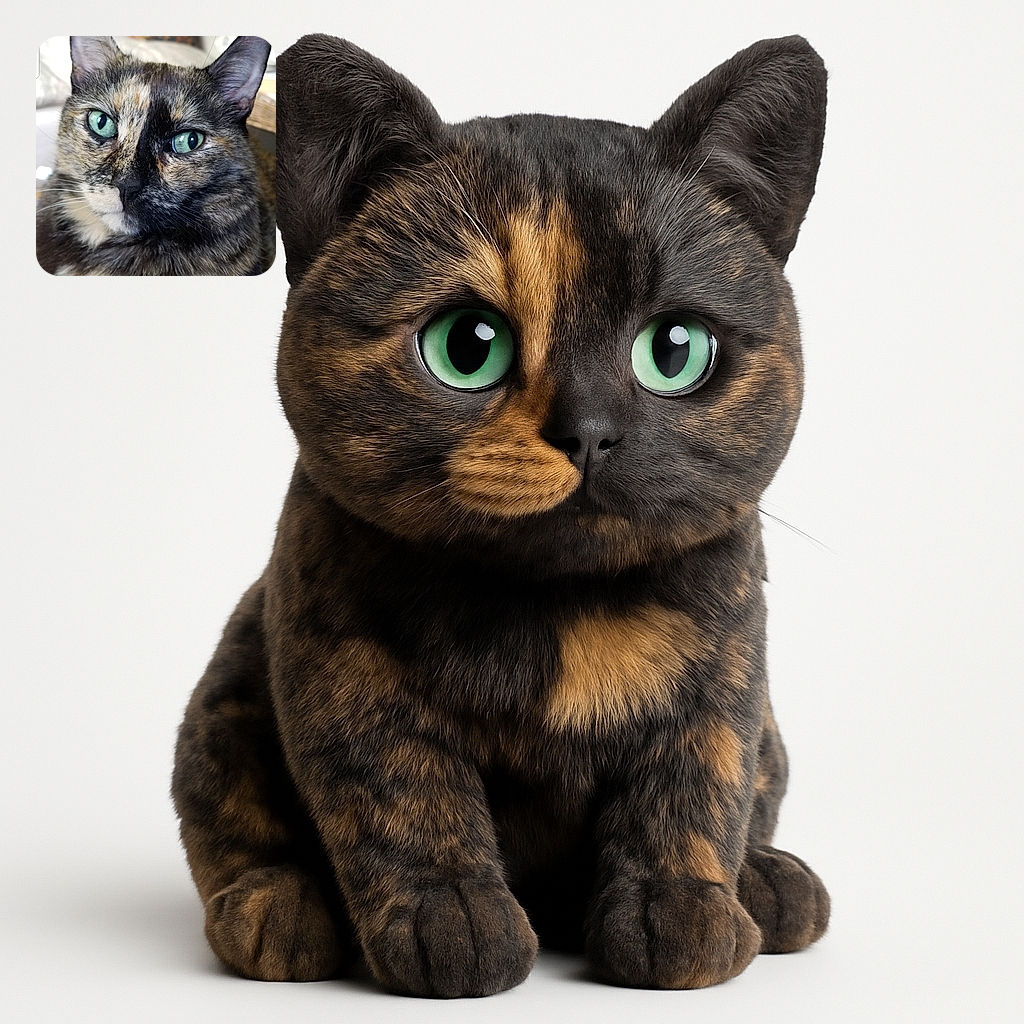 A close-up photo of a beautiful tortoiseshell cat with striking green eyes, lounging comfortably on a couch in a cozy living room setting. The background is softly blurred, highlighting the cat's detailed fur pattern and calm expression. The image also shows phone interface icons at the bottom, indicating the photo was taken as a screenshot.
