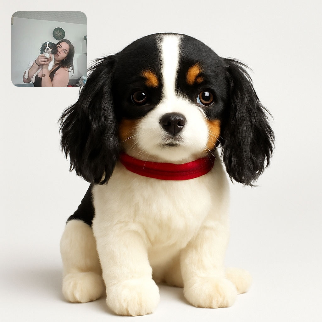 A young woman holding a small, adorable black and white puppy close to her face in a casual indoor setting. The background shows a wall clock and some household items, adding a cozy, lived-in vibe to the photo.
