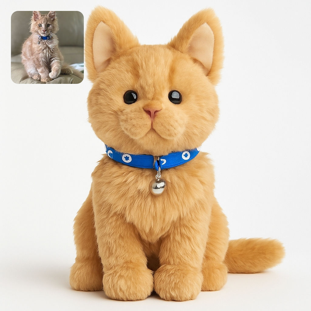 A fluffy, light-brown kitten with a blue collar sits majestically on a soft leather couch, looking straight at the camera with curious and innocent eyes, while the background is softly blurred to keep the focus on this adorable feline model.