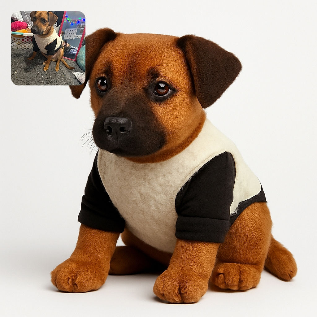 A charming dog wearing a cozy white and black sweater sits attentively on a fluffy gray carpet, surrounded by household items including a laundry basket and colorful cushions. In the background, a mirror reflects a person taking the photo with festive string lights adding a warm ambiance.