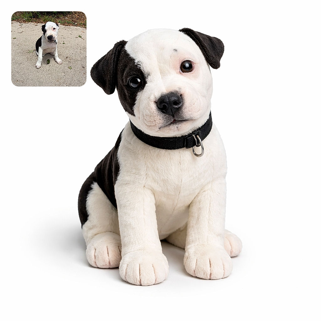A cute black and white puppy sitting on a concrete surface with a slightly tilted head, looking curiously at the camera. The background shows some greenery and fallen leaves, giving a natural outdoor vibe.