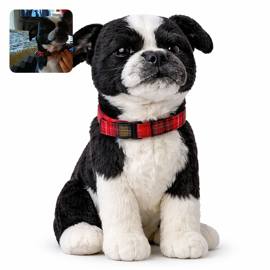A goofy close-up of a black-and-white dog hogging the frame with a sleepy, smug face while a serious man on the TV looks on from the background — bedspread, remote, and a human hand offering pets complete the scene of domestic drama.