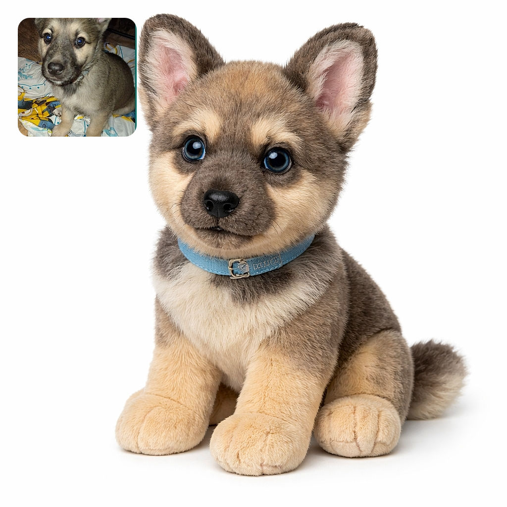 A wide-eyed puppy stares straight into the camera with flash-reflective blue eyes, ears perked and little paws planted on a colorful blanket on a wooden floor — equal parts guilty and adorable, clearly planning to steal your socks.