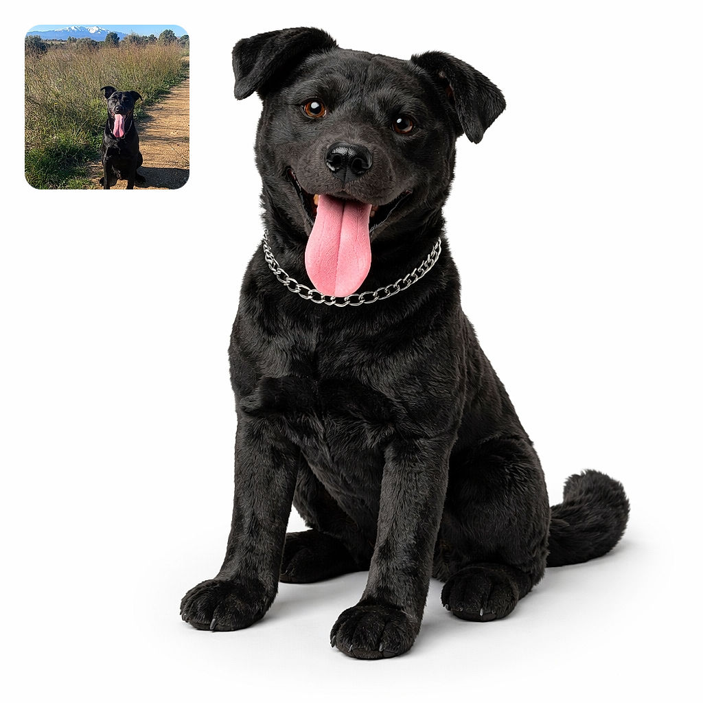 A gleeful black dog sits on a dusty trail with its tongue flopping out like a proud pink flag, framed by tall wild grass and a distant snow-capped mountain under an enormous clear blue sky.