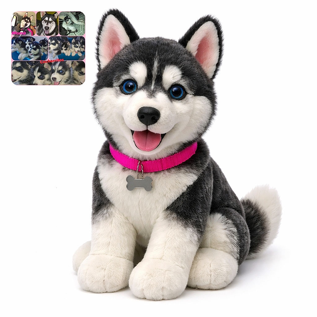 A collage of adorable husky puppies and their mom, with bright pink and red text overlays labeling 'Mamà' and 'Cachorritos'. The pups are snuggled together in a blue container and on a tiled floor, showing off their fluffy fur and playful expressions against a soft pink background.
