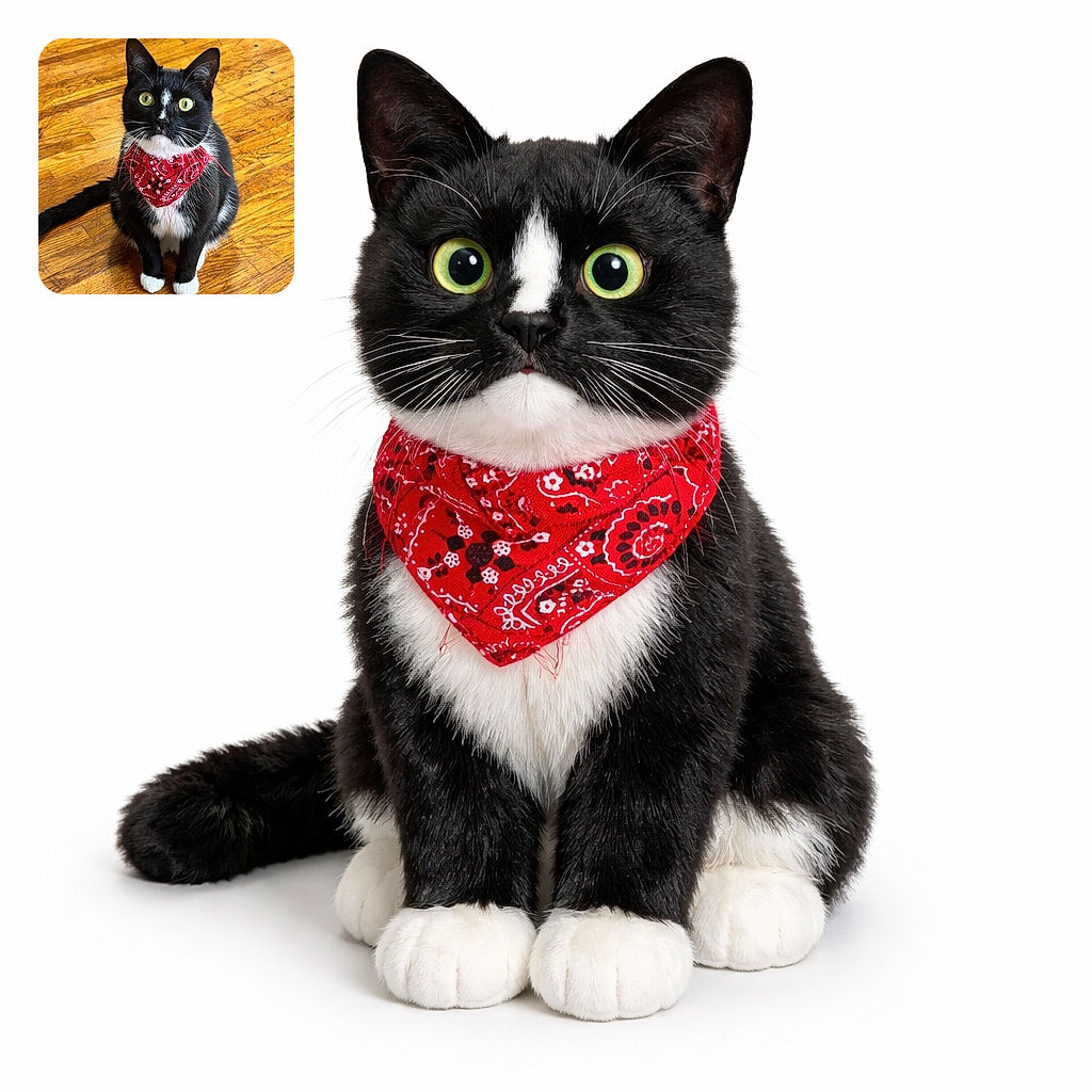 A wide-eyed tuxedo cat in a jaunty red bandana sits upright on a scuffed hardwood floor, staring at the camera with the intensity of a tiny furry general inspecting troops. Bright yellow-green eyes, dramatic whiskers, and pristine white paws make this an adorable, slightly judgmental portrait with rustic wood-grain vibes.