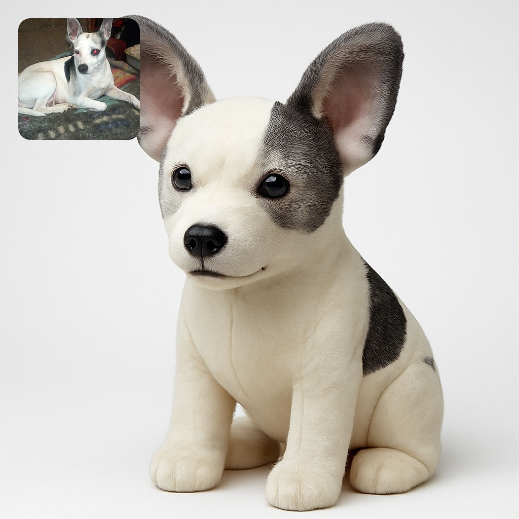 A white dog with black patches lounges on a heavily fur-covered blanket in a cluttered indoor setting. The dog's eyes reflect red from the camera flash, giving it a slightly eerie look, while the background shows a mix of furniture and household items in dim lighting.