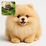 A fluffy Pomeranian dog lounges happily in the green grass under a sunny sky, its fur glowing like a golden cloud with tiny white flowers scattered around, looking like the king of the meadow.