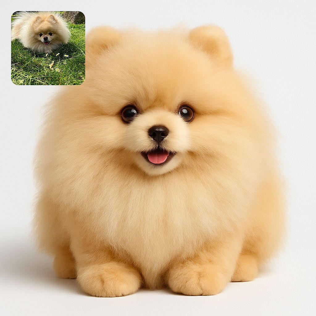 A fluffy Pomeranian dog lounges happily in the green grass under a sunny sky, its fur glowing like a golden cloud with tiny white flowers scattered around, looking like the king of the meadow.