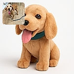 A cheerful brown dog with its tongue hanging out stands on a wooden floor indoors, looking excitedly at the camera. A modern light green chair and a white table with some papers are visible in the background, while a white sneaker peeks into the frame from the bottom left.