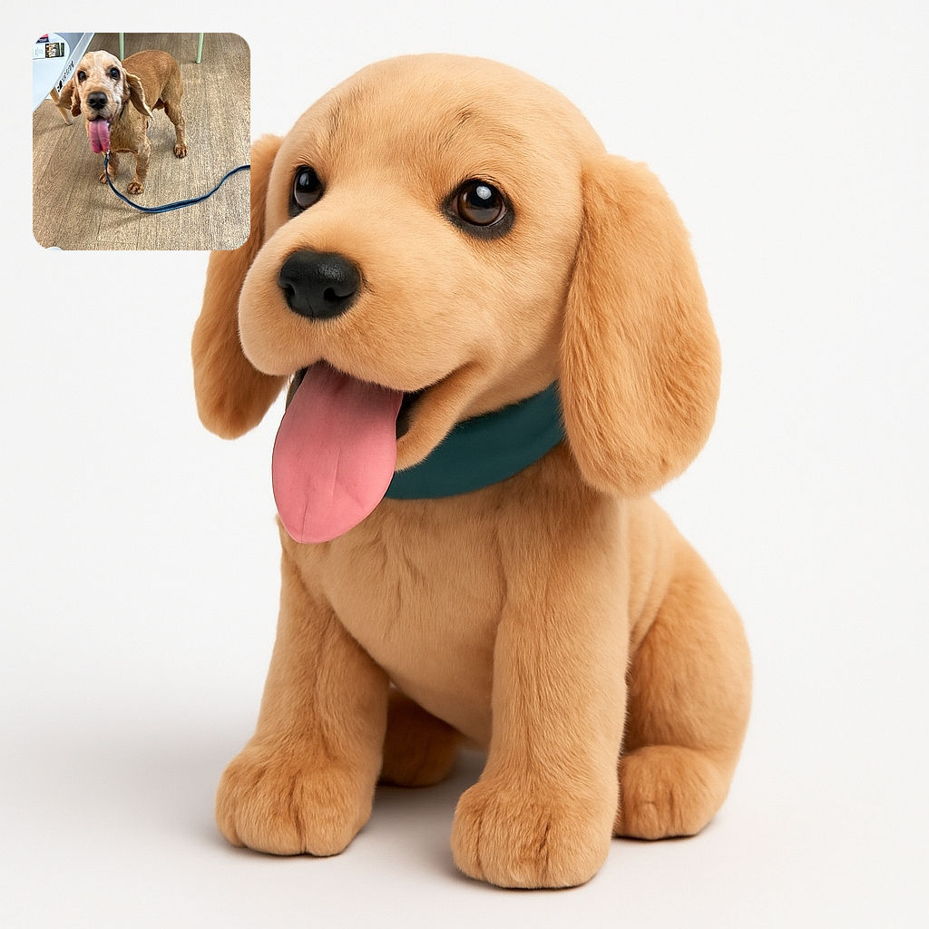 A cheerful brown dog with its tongue hanging out stands on a wooden floor indoors, looking excitedly at the camera. A modern light green chair and a white table with some papers are visible in the background, while a white sneaker peeks into the frame from the bottom left.