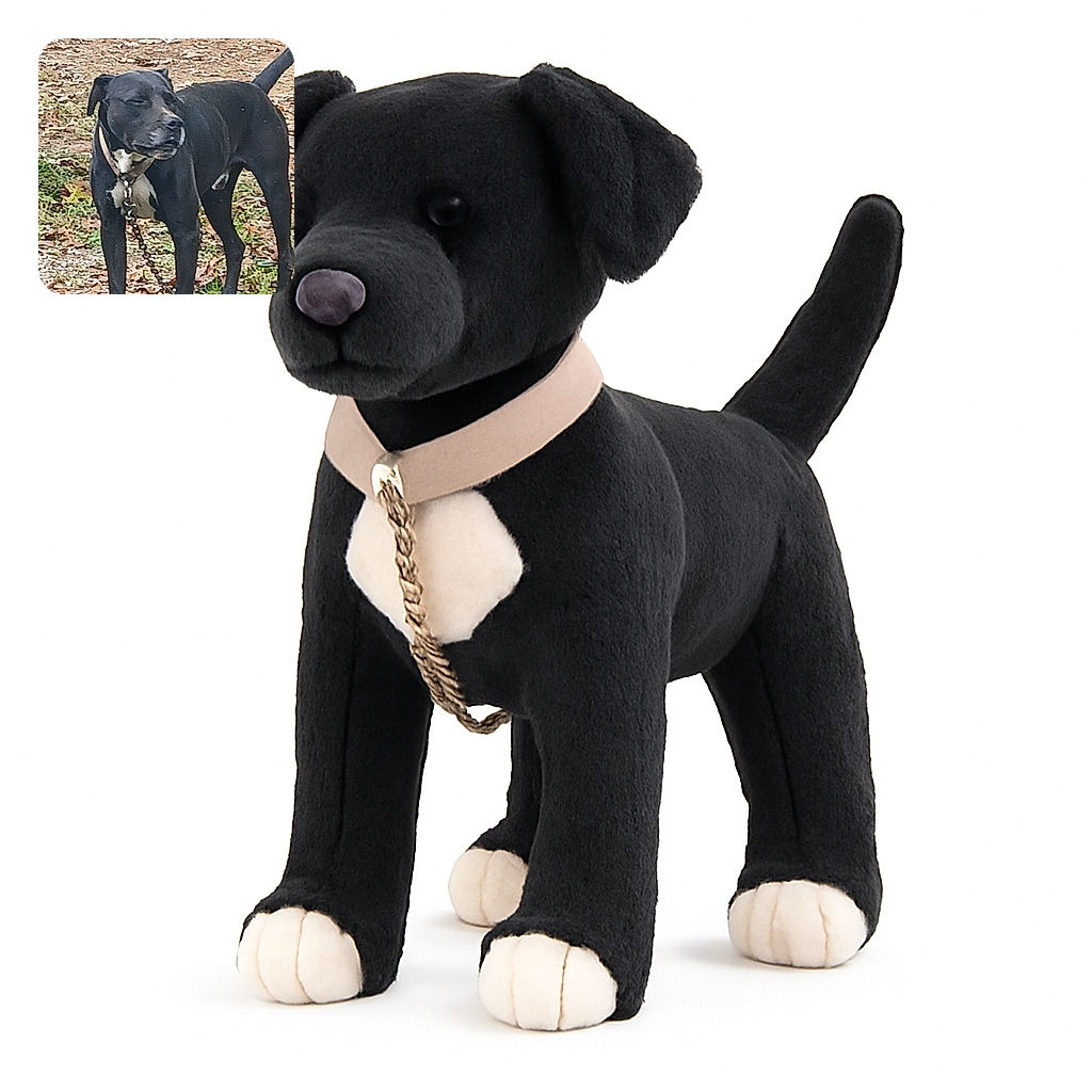 A black dog with white paws and chest stands on a leafy, earthy path, looking off to the side with a calm expression. The dog is on a chain leash, surrounded by a natural outdoor setting with green grass and fallen leaves.