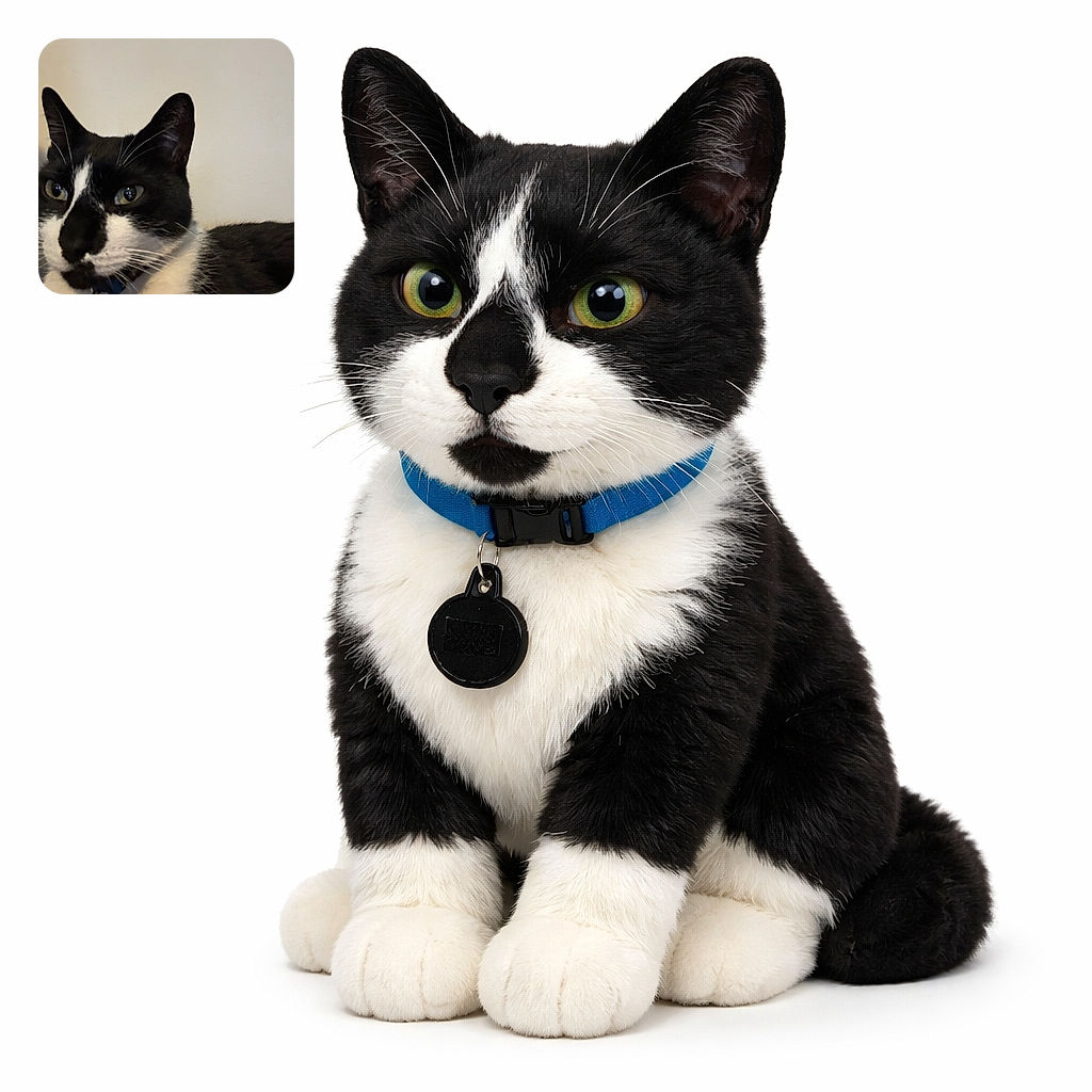 A tuxedo cat up close and personal, hogging the frame with martini-eyes, whiskers on full display and one ear striking a jaunty angle — clearly auditioning for a drama. Plain wall background and a collar tag peek out, giving off vibes of cozy domestic royalty plotting snack time.