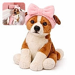 A relaxed dog lounging in a bubble bath, wearing a fluffy pink headband with a big bow, sipping from a matching pink cup with a straw, surrounded by a pink tiled bathroom and a rolled pink towel, looking like it's enjoying a spa day.