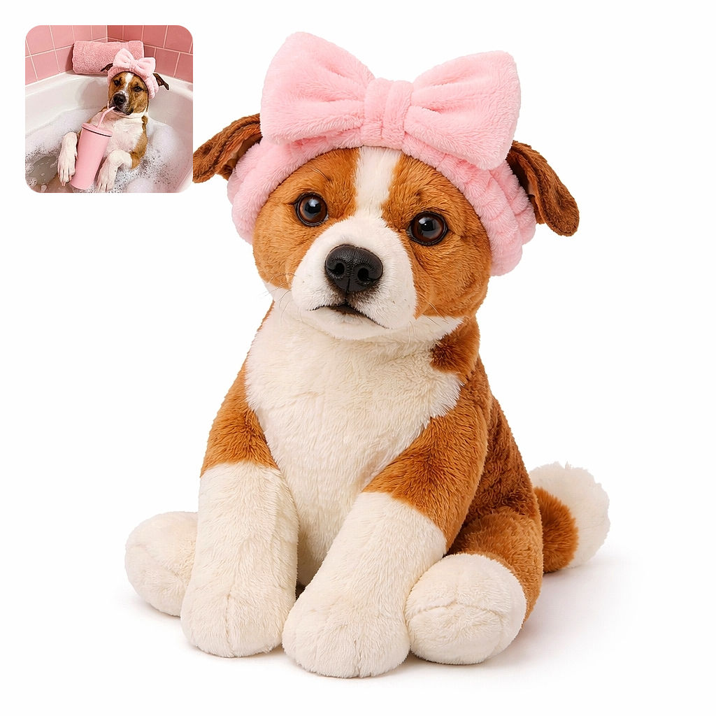 A relaxed dog lounging in a bubble bath, wearing a fluffy pink headband with a big bow, sipping from a matching pink cup with a straw, surrounded by a pink tiled bathroom and a rolled pink towel, looking like it's enjoying a spa day.