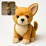 A small brown dog with big, soulful eyes looks up eagerly on a wooden floor, its tail mid-wag and ears perked, as if waiting for a treat or a friendly pat.