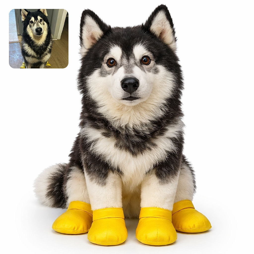 A fluffy dog with a striking black and white coat is sitting indoors wearing bright yellow booties on all four paws, looking up with a curious and slightly confused expression on its face. The background shows a kitchen and hallway with wooden flooring.