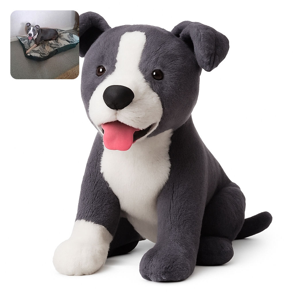 A happy dog lounges on a leafy patterned dog bed inside a room, tongue out and ears perked, looking ready for some belly rubs while the cozy carpet peeks in the foreground.