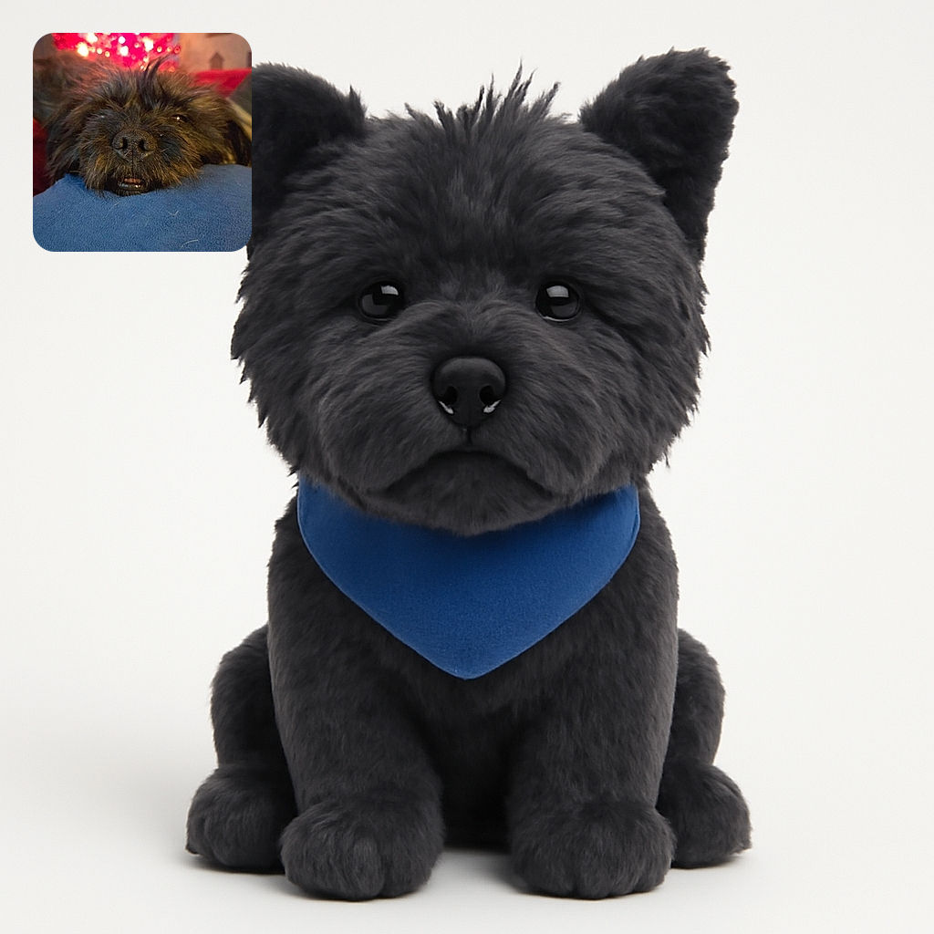 A close-up of a sleepy black dog resting its head on a blue cushion with a blurry, warmly lit red Christmas tree in the background, creating a cozy holiday vibe.