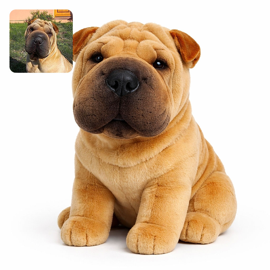 A close-up photo of a wrinkly dog with a large, exaggerated nose sitting outside on grass in front of a house with a yellow door, looking curiously at the camera.
