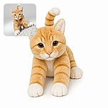A handsome orange-and-white cat stares into the camera like a tiny bedroom supervisor, stretching both paws over a floral blanket while its tail curls upward in a jaunty question mark.