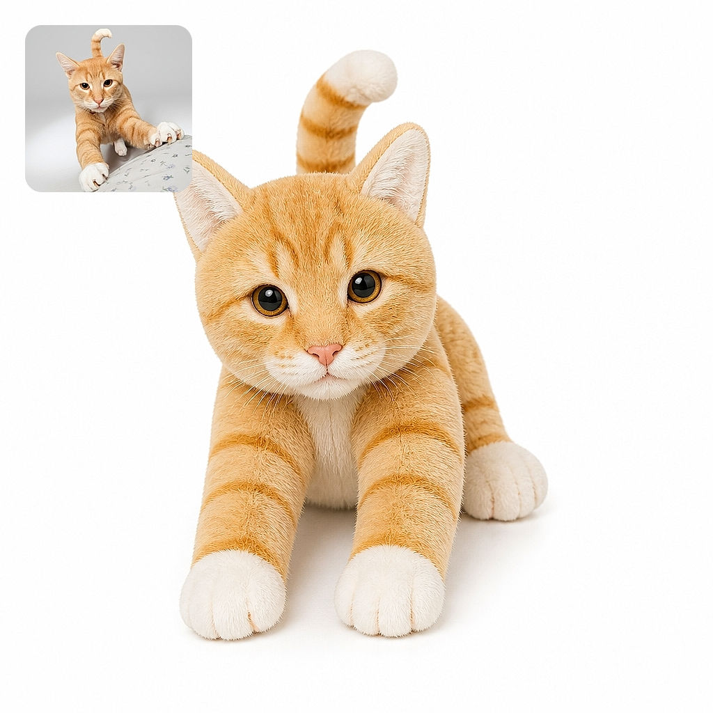 A handsome orange-and-white cat stares into the camera like a tiny bedroom supervisor, stretching both paws over a floral blanket while its tail curls upward in a jaunty question mark.