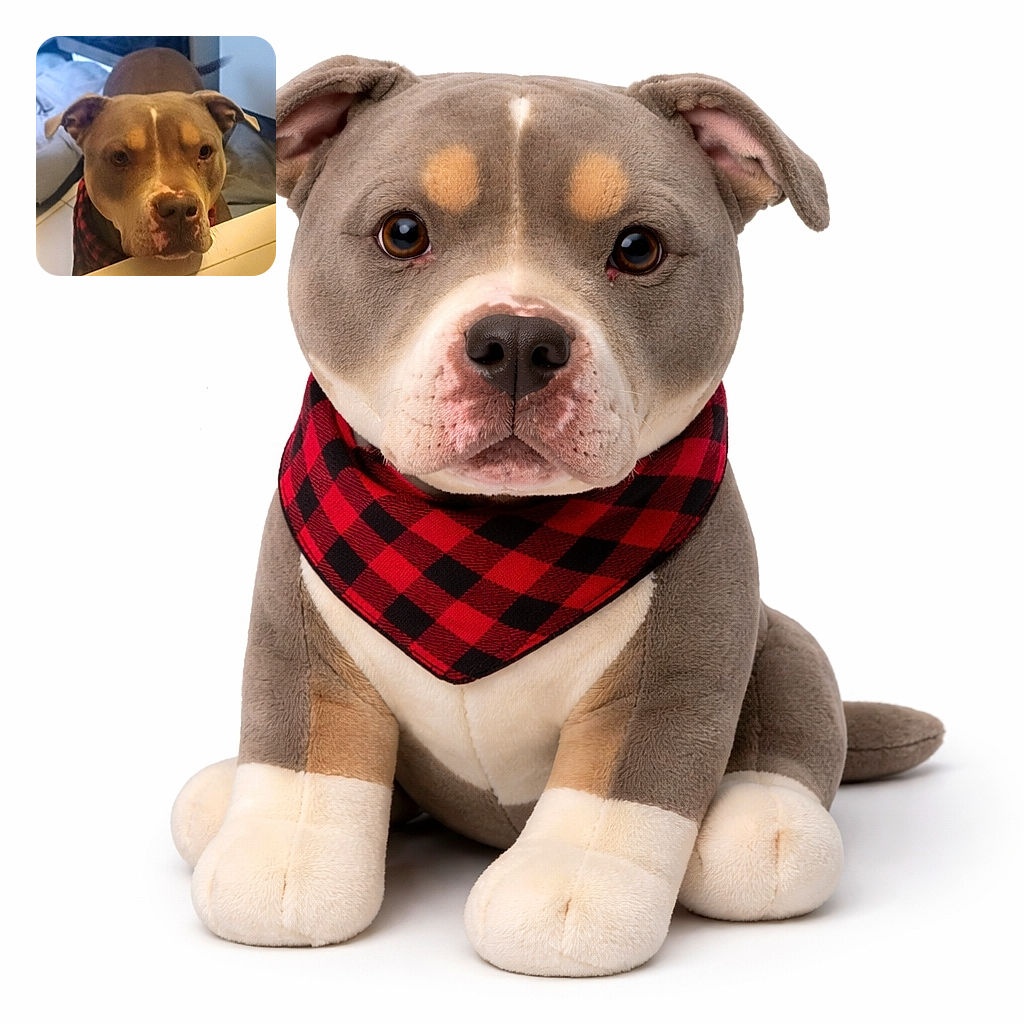 A serious-looking pitbull leans over a ledge as if demanding snacks or an explanation. Close-up of its expressive eyes, big nose and plaid bandana with a cozy bed and tiled floor in the background — equal parts adorable and mildly accusatory.