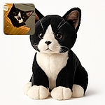 A close-up shot of a curious black and white cat peeking over the edge of a wooden structure, with its big ears and intense eyes capturing attention. The lighting creates a cozy indoor atmosphere.