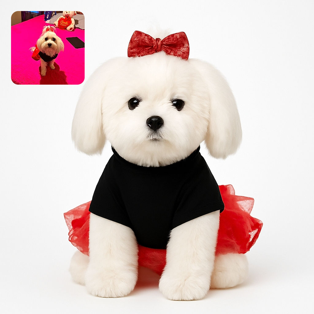 A cute little white dog dressed in a fancy red and black outfit sits adorably on a vibrant pink bedspread, with a plush teddy bear holding a heart-shaped pillow that says 'Sweet Love' in the background. The cozy room adds warmth to the charming scene.