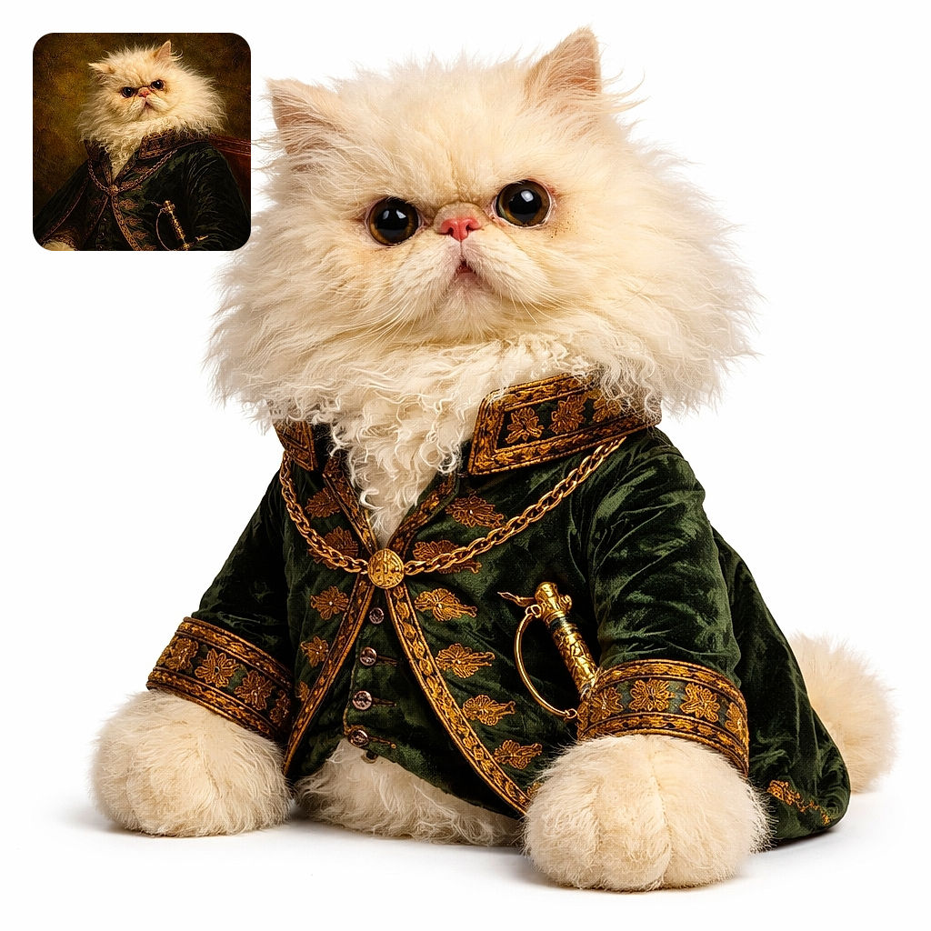 A pompous, fluffy white cat stares solemnly from a gilded portrait—fur ruffled like a powdered wig, jeweled chains and a saber completing its aristocratic ensemble against a crackled antique backdrop.