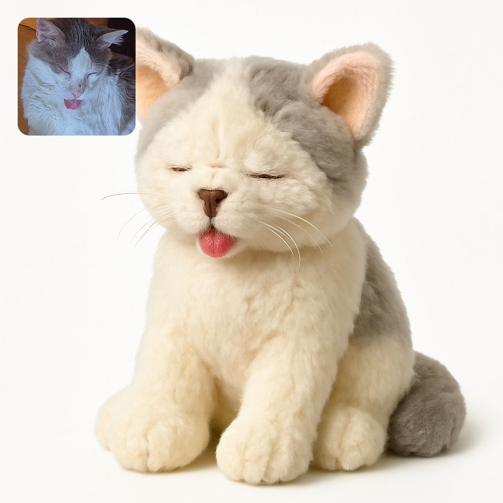 A fluffy white and grey cat is caught mid-lick with its tongue adorably sticking out, eyes closed in pure contentment, resting on a cozy mustard-colored cushion.