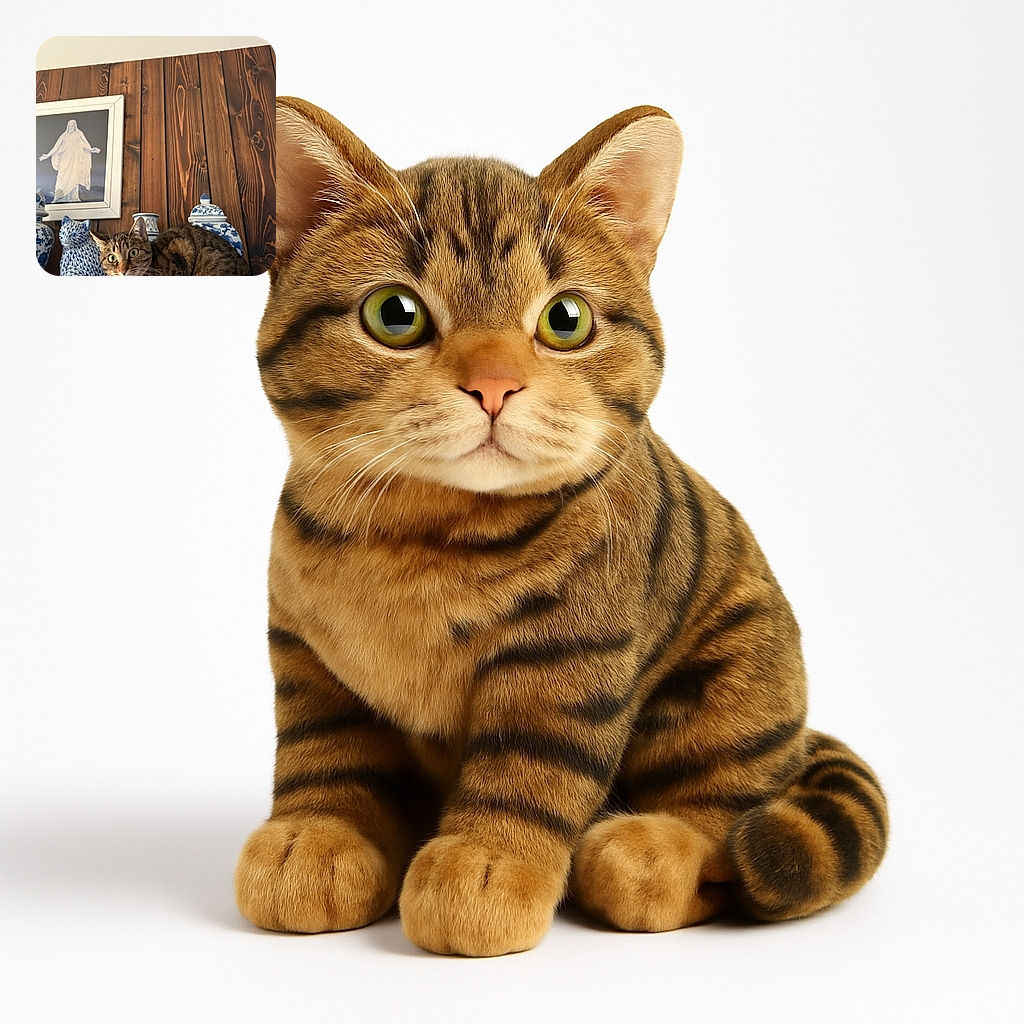 A curious tabby cat with wide eyes is perched among blue and white ceramic vases and a cat-shaped figurine, set against a rustic wooden wall with a framed picture of a statue in the background.