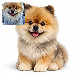 A fluffy Pomeranian dog with a happy expression and tongue out, sitting comfortably with a cozy background and soft natural lighting highlighting its adorable fur.
