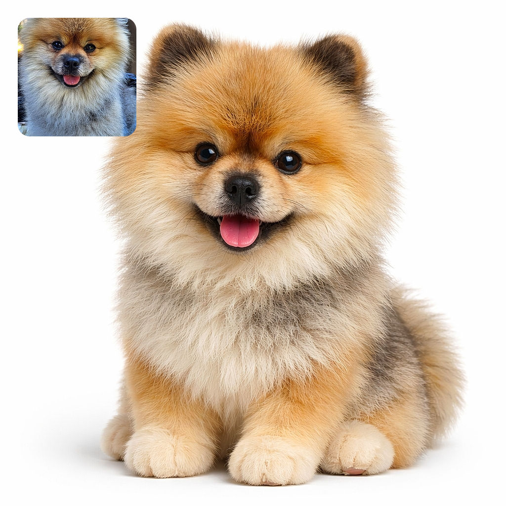 A fluffy Pomeranian dog with a happy expression and tongue out, sitting comfortably with a cozy background and soft natural lighting highlighting its adorable fur.