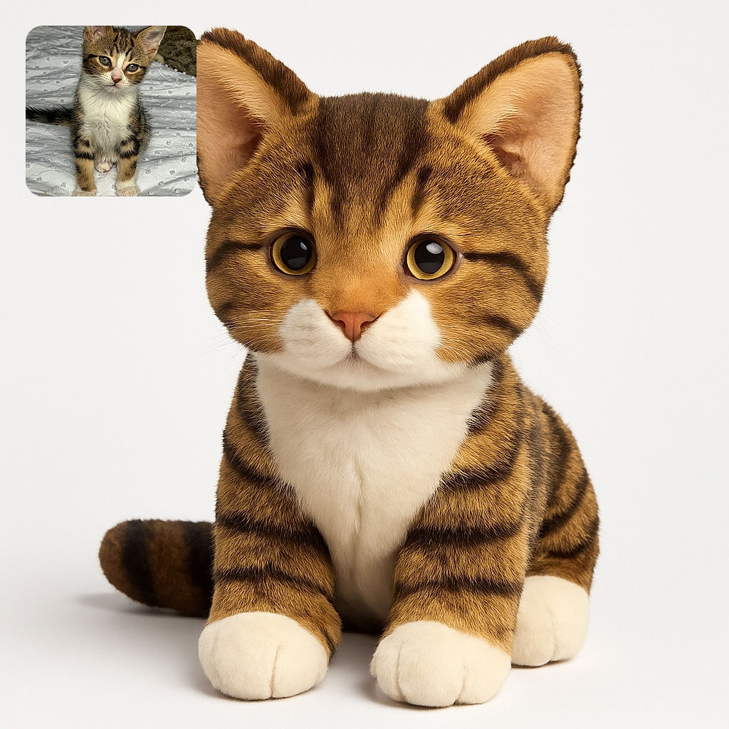 A curious tabby kitten with striking green eyes sits attentively on a textured white blanket, its soft fur and tiny paws perfectly captured in natural light. The background features a blurred glimpse of another cat, adding depth to this cozy indoor scene.
