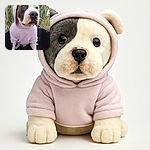 A charming dog wearing a lilac hoodie sits attentively on a black woven chair with green foliage in the background, looking like it's ready for a casual stroll or a cozy day out.
