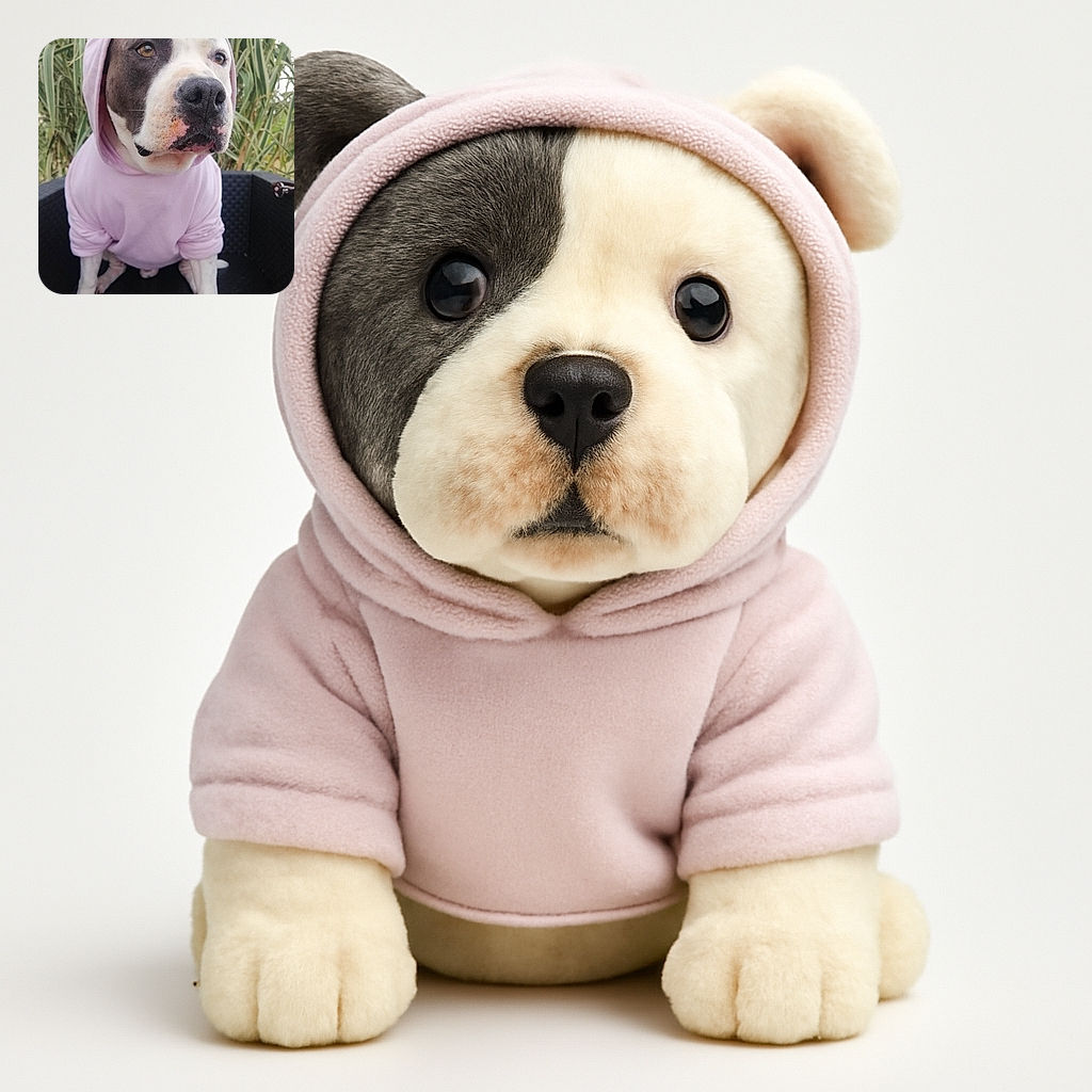 A charming dog wearing a lilac hoodie sits attentively on a black woven chair with green foliage in the background, looking like it's ready for a casual stroll or a cozy day out.