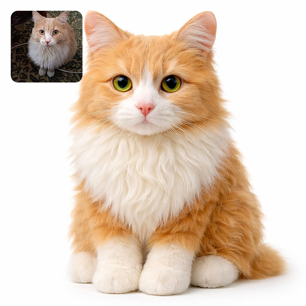 A fluffy orange-and-white cat sits like a tiny lion looking straight up with giant round eyes and twitchy whiskers — perched on a patterned rug next to a wooden table, giving the exact expression of polite indignation (or impending head boop).
