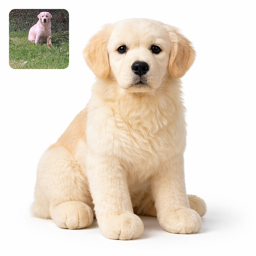 A fluffy golden retriever sits patiently in the grass, gazing directly at the camera with a calm and serious expression, surrounded by lush greenery and a natural outdoor setting.