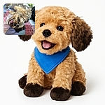 A playful fluffy dog is lying on a colorful striped bedspread, looking like it's mid-yawn or mid-bark, with a goofy and joyful expression that could melt anyone's heart.