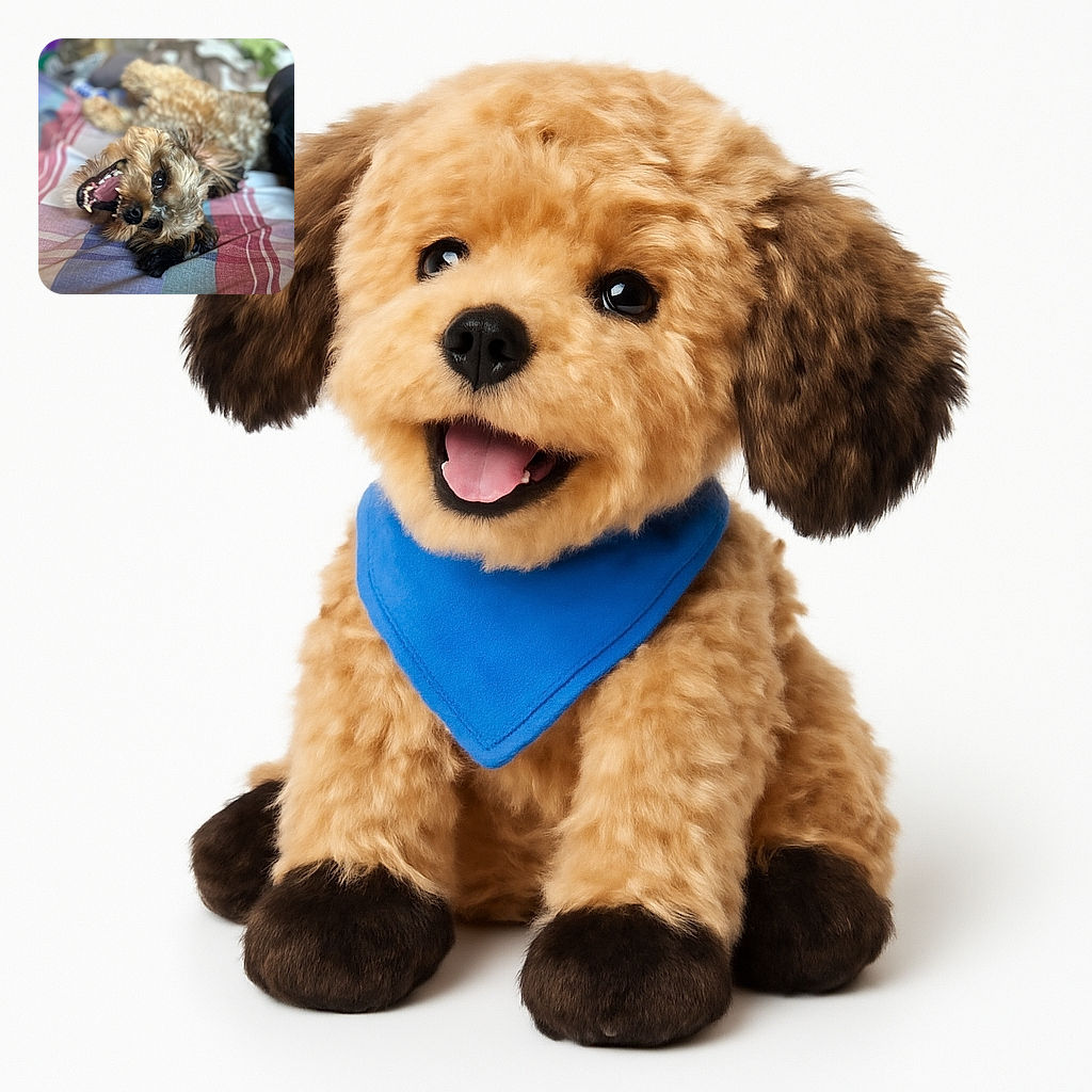 A playful fluffy dog is lying on a colorful striped bedspread, looking like it's mid-yawn or mid-bark, with a goofy and joyful expression that could melt anyone's heart.
