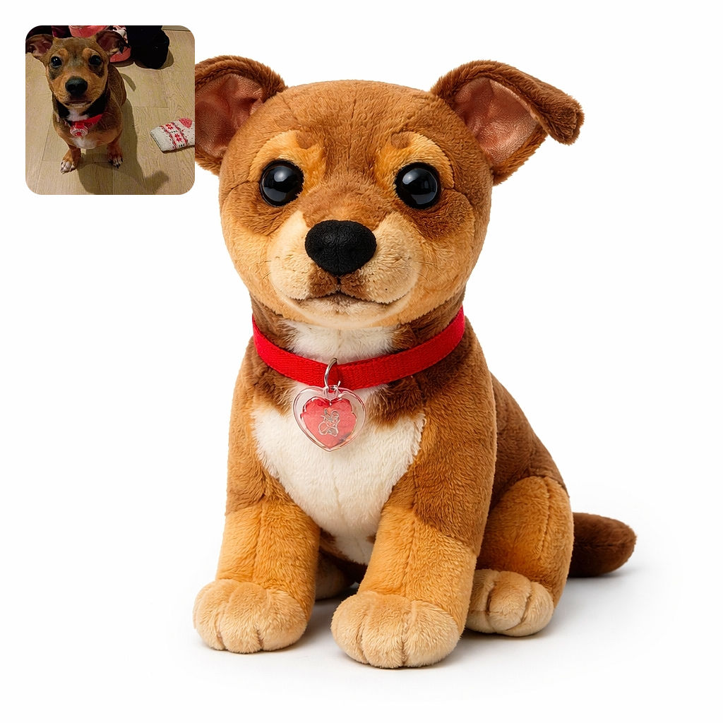 A wide-eyed small brown dog sits on a wooden floor staring up like it's just been reminded treats are a thing — shoes, slippers and a lone festive sock clutter the background while the pup's shadow reaches toward the camera.