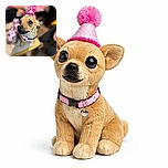 A small dog wearing a festive pink party hat with a pom-pom on top, sitting on a chair with a slightly blurred background. The dog's big, shiny eyes give it an adorable and curious expression, making it look ready to celebrate or steal the spotlight at a party.