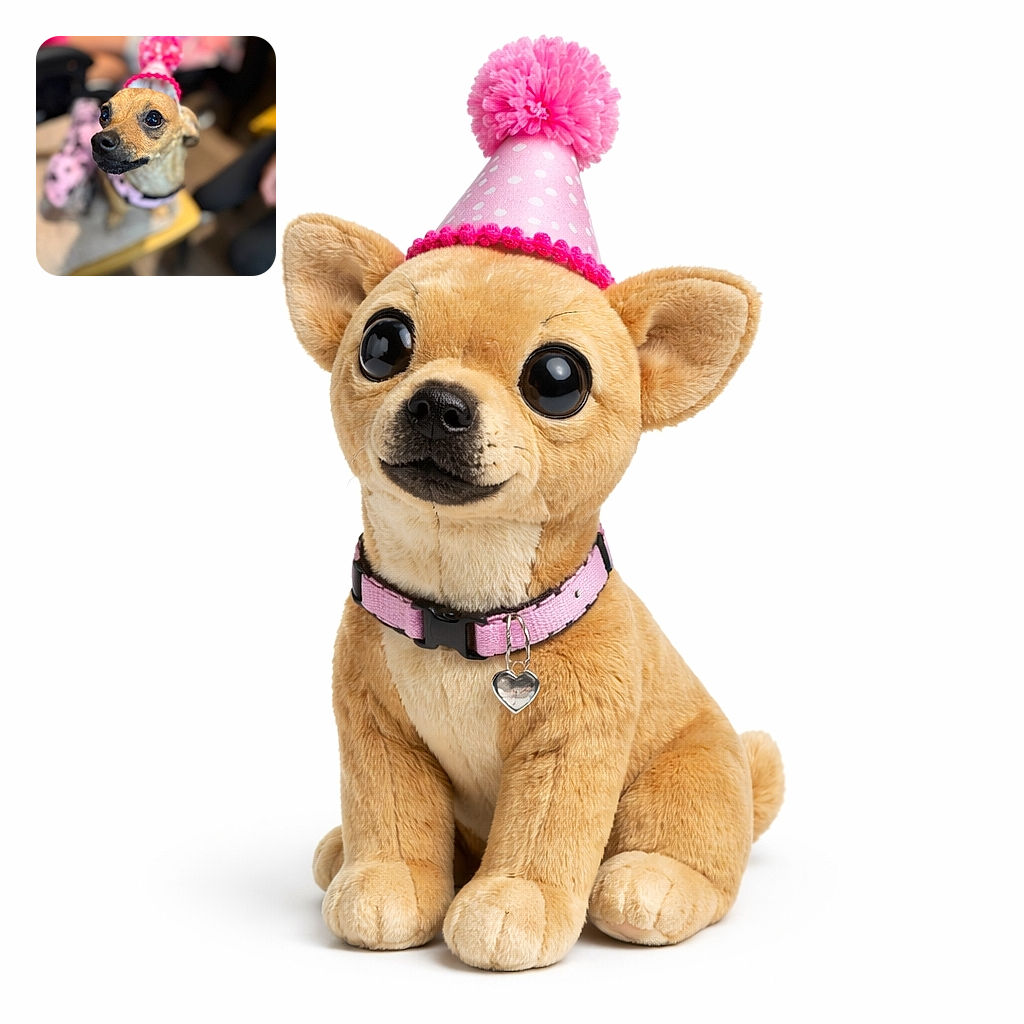 A small dog wearing a festive pink party hat with a pom-pom on top, sitting on a chair with a slightly blurred background. The dog's big, shiny eyes give it an adorable and curious expression, making it look ready to celebrate or steal the spotlight at a party.