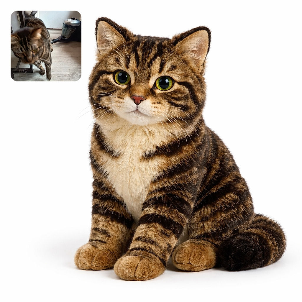 A curious tabby cat photobombs the frame mid-stride next to a vacuum cleaner — motion blur gives it a comedic, speed-walk vibe while the vacuum watches stoically from the side.