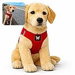 A charming young dog wearing a bright red harness sits on a wooden bench by a pebble beach, gazing thoughtfully into the distance with the sea and a partly cloudy blue sky behind. A couple of seagulls fly overhead, adding to the serene coastal vibe.