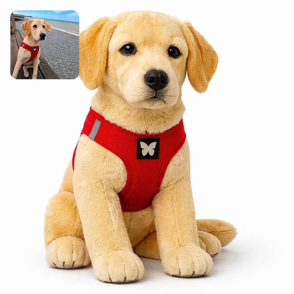 A charming young dog wearing a bright red harness sits on a wooden bench by a pebble beach, gazing thoughtfully into the distance with the sea and a partly cloudy blue sky behind. A couple of seagulls fly overhead, adding to the serene coastal vibe.