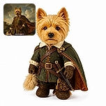 A dashing little dog has apparently abandoned ordinary fetch for a full swashbuckling career, posing in a velvet coat, cape, belt, gloves, and sword like the tiniest hero in a very dramatic historical painting. The cloudy landscape behind him adds enough grandeur to make even a squeaky toy feel legendary.