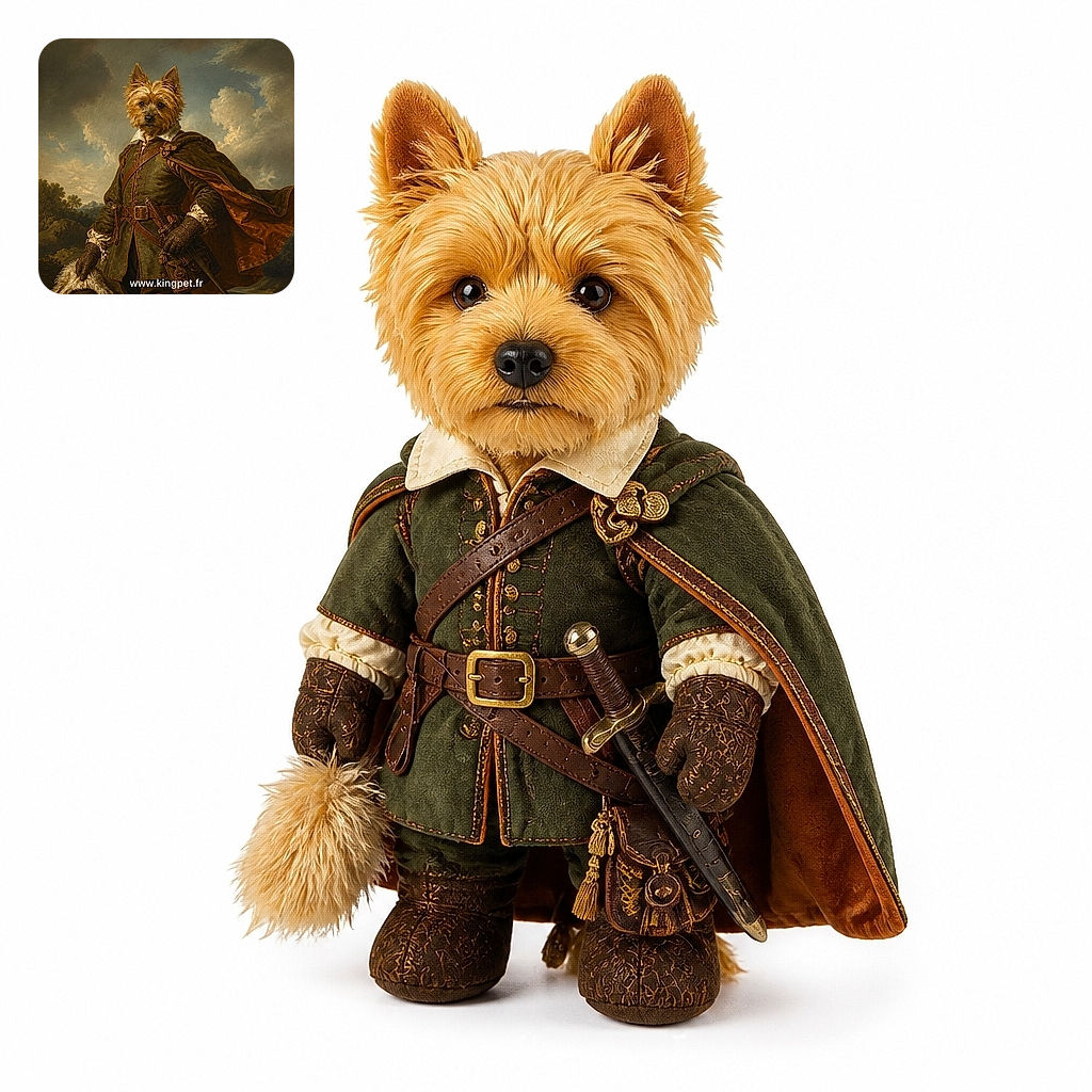 A dashing little dog has apparently abandoned ordinary fetch for a full swashbuckling career, posing in a velvet coat, cape, belt, gloves, and sword like the tiniest hero in a very dramatic historical painting. The cloudy landscape behind him adds enough grandeur to make even a squeaky toy feel legendary.