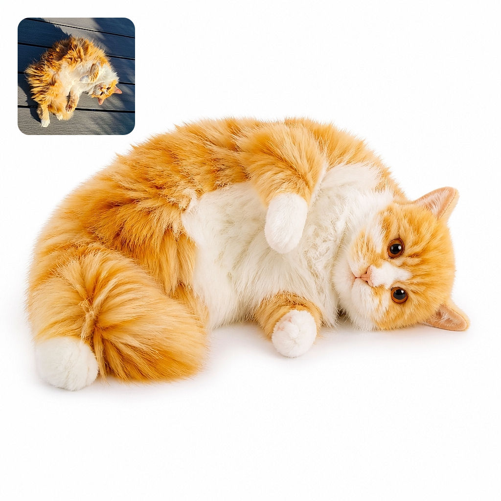 A fluffy orange-and-white cat is sprawled upside down on a sunlit deck, looking utterly relaxed and slightly suspicious—as if it has just been caught rehearsing for the feline Olympics of dramatic lounging.